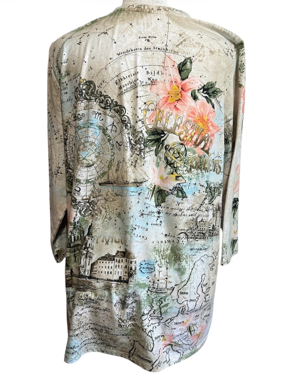 Alia Cream Floral Map-Print V-Neck Top size L/G - Picture 4 of 6